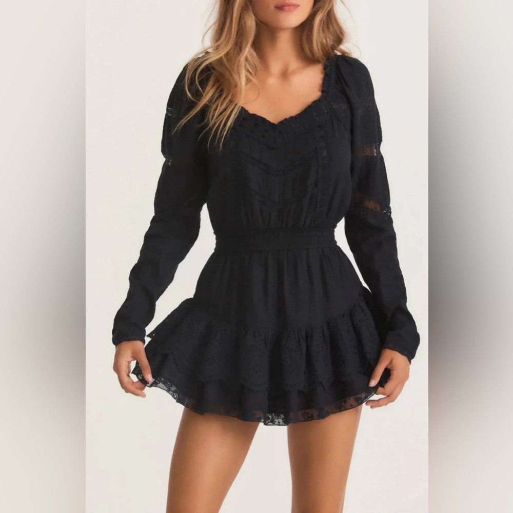 LoveShackFancy black long sleeve mini dress